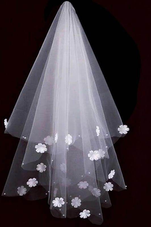 One-tier Cut Edge Tulle Waist Veils with Flower Pearls CV0384 - COCOMELODY